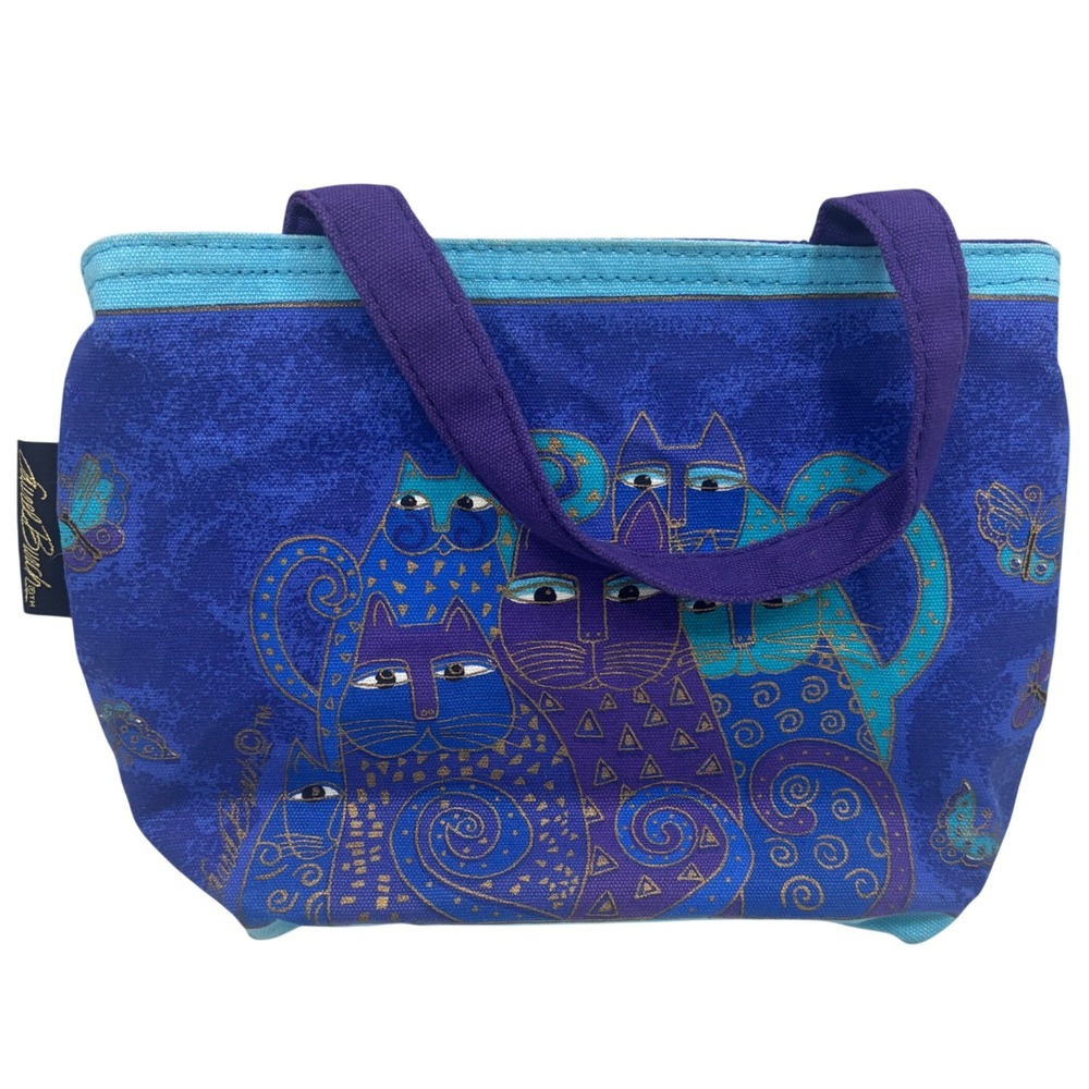 Laurel Burch Indigo Cats Canvas Tote Bag Blue Purple Sequin Trim NWT
